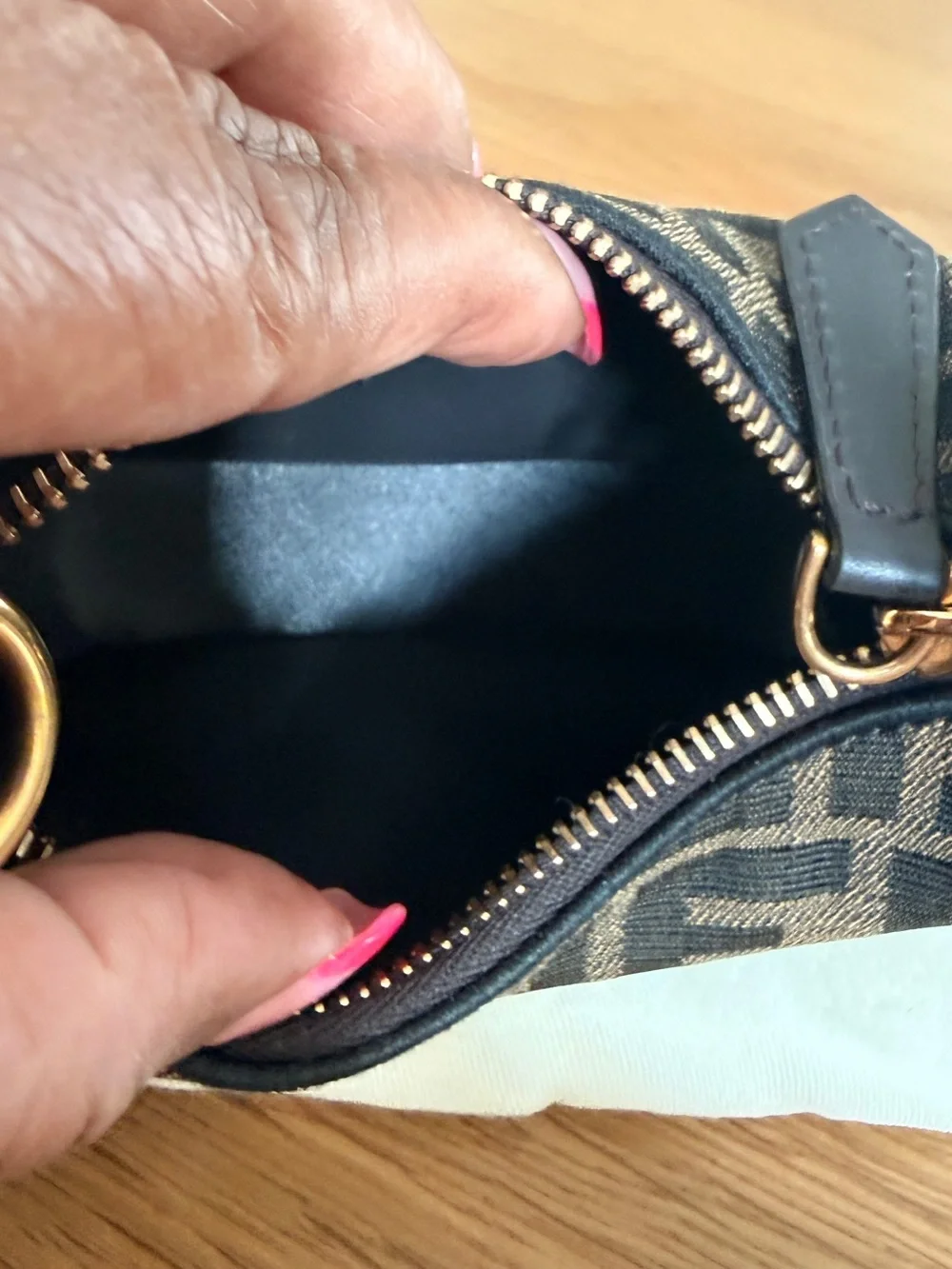 Fendi Black and Brown Monogram Zip Pouch with Gold Hardware